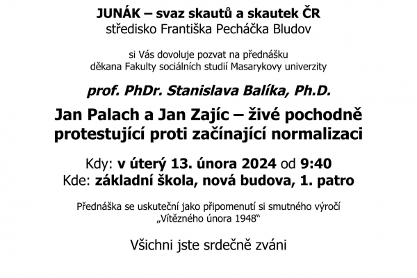 Přednáška S. Balík ml.: Jan Palach a Jan Zajíc – živé pochodně protestující proti začínající normali