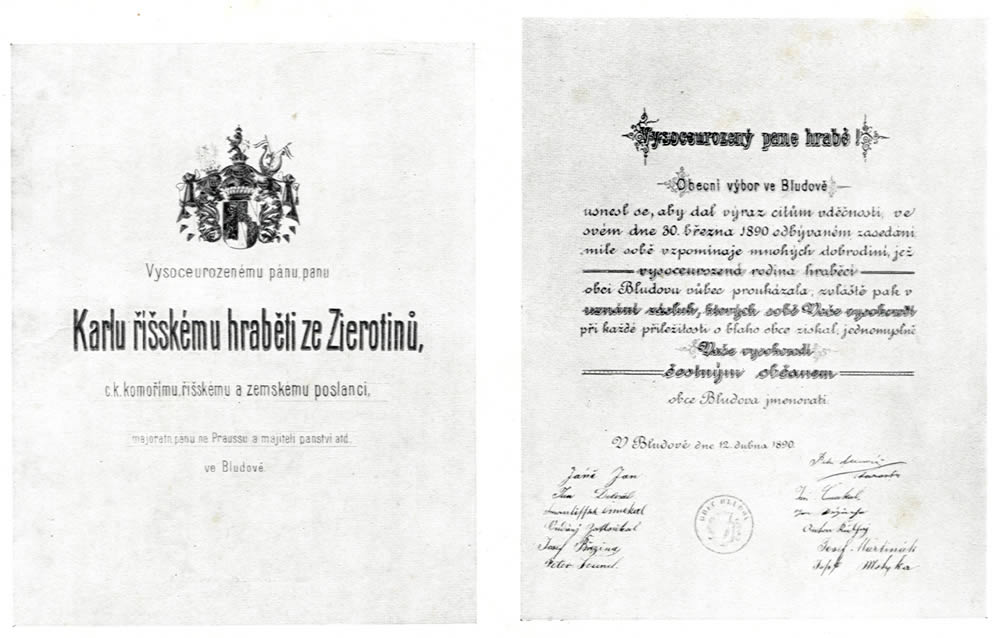 Diplom čestného občanství, daný Bludovem r. 1890 velkostatkáři Karlu Zierotinovi