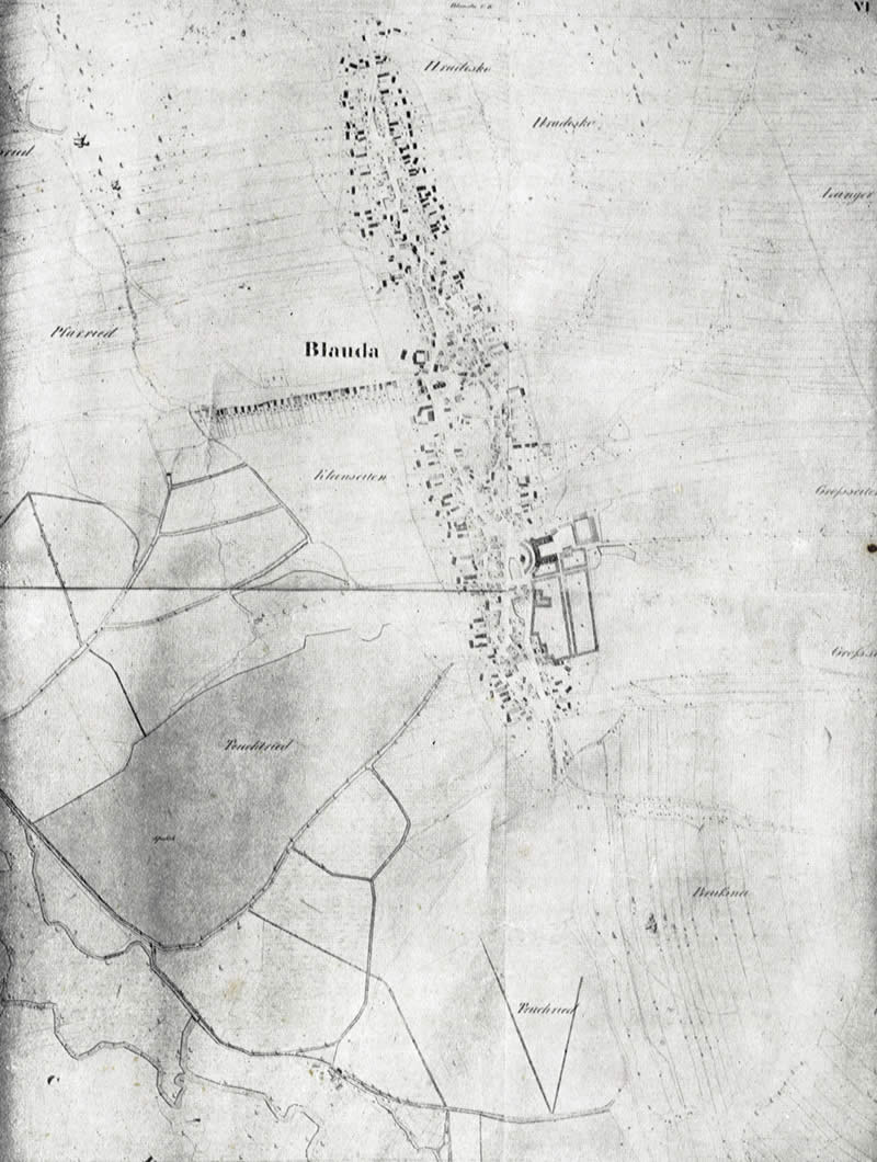 Katastrální mapa Bludova z r. 1834s rybníkem Špalkem