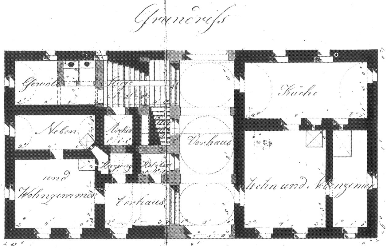 Plán přestavby fary od Ignáce Richtera z 28. října 1842 (SOkAŠ, FÚB, karton č. 1). 