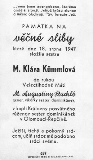 Památka na věčné sliby které dne 18. srpna 1947 složila sestra M. Klára Kümmlová