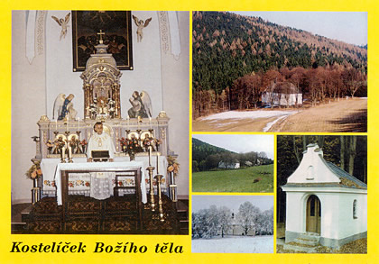 Kostelíček Božího Těla na pohlednici z 90. let 20. století.